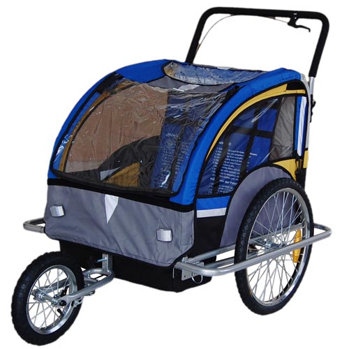 DOUBLE CHILDREN BIKE BICYCLE TRAILER/STROLLER/JOGGER KIDS GRAY/BLUE